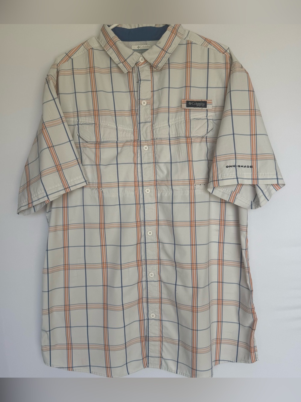 Columbia PFG Omnishade Short-Sleeve Plaid Button Shirt Cream with Orange & Blue